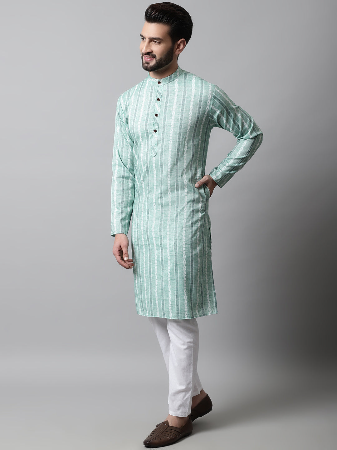 Sky Blue Geometric Cotton Mens Kurta Pajama Set | Shop Now