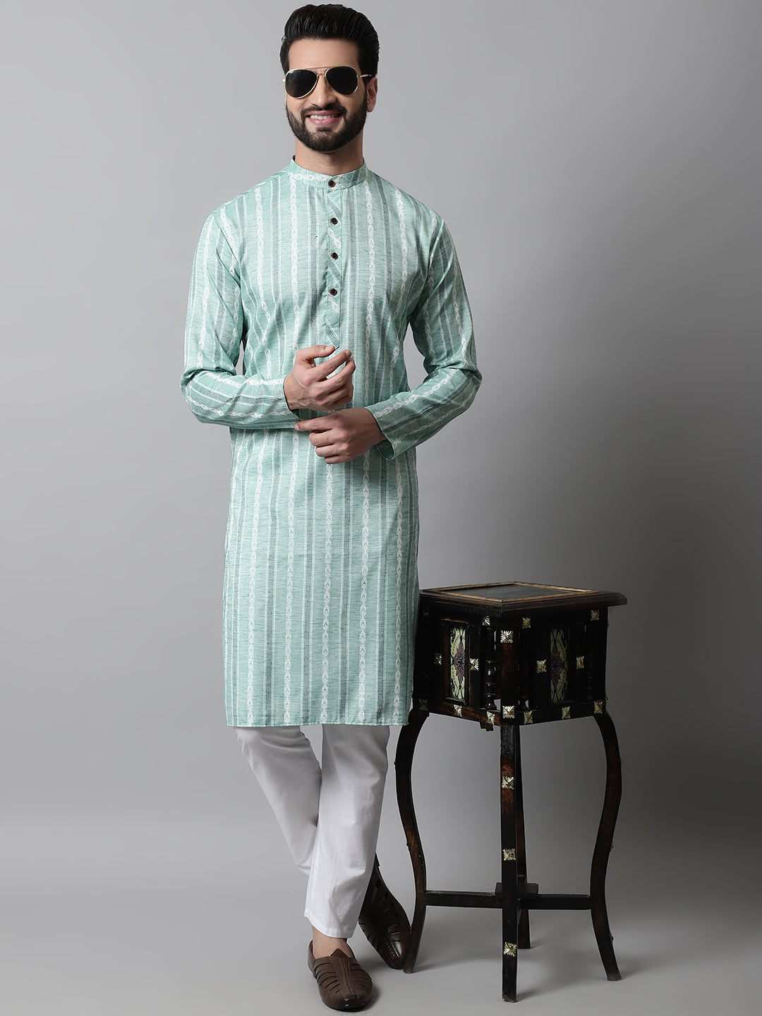 Sky Blue Geometric Cotton Mens Kurta Pajama Set | Shop Now