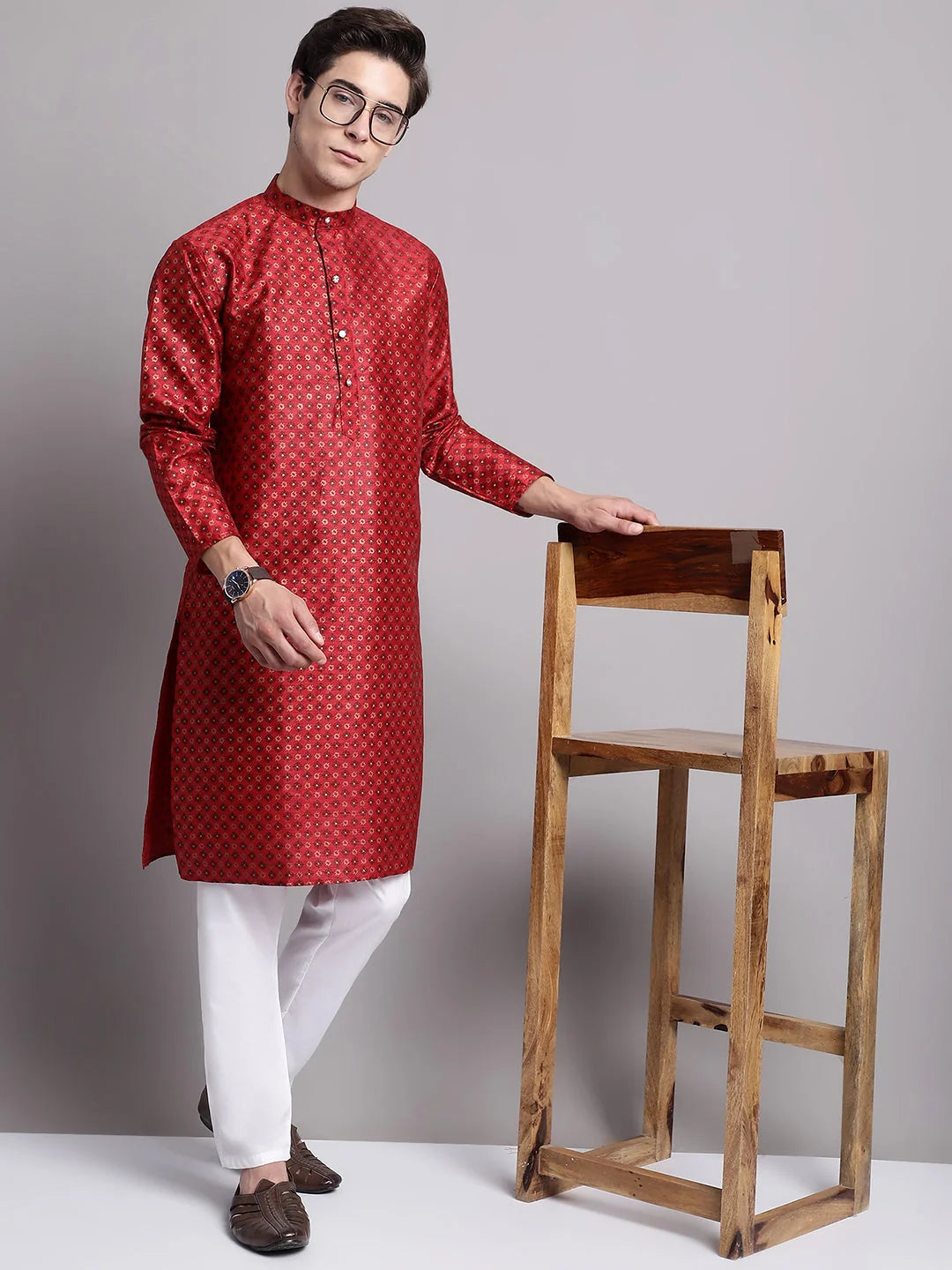 Men's Maroon Printed Silk Blend Kurta Payjama