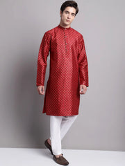 Men's Maroon Printed Silk Blend Kurta Payjama