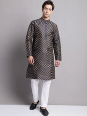 Men's Navy Blue Printed Silk Blend Kurta Payjama