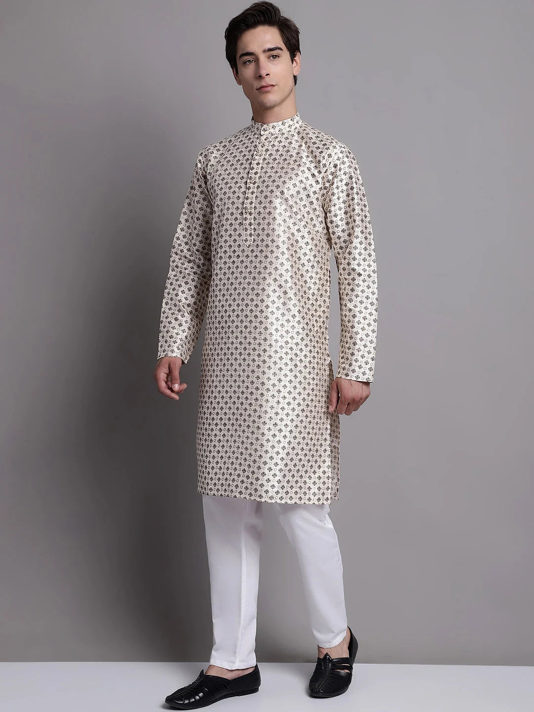 Grey Printed Mens Kurta Pajama Set | Elegant Ethnic Wear