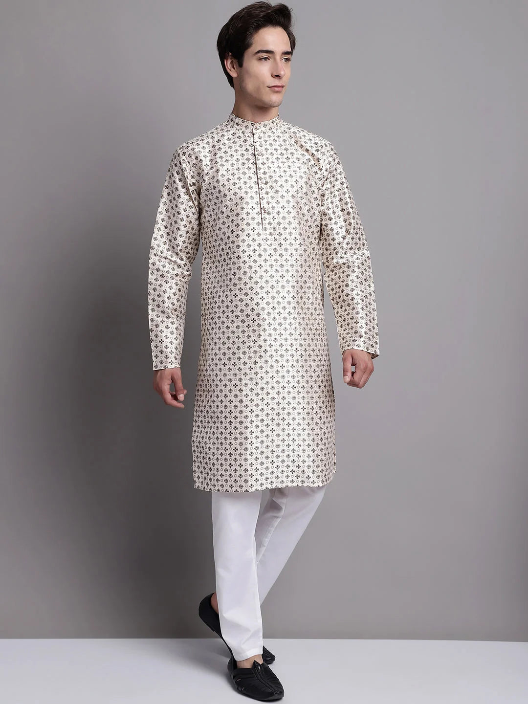 Grey Printed Mens Kurta Pajama Set | Elegant Ethnic Wear