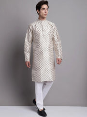 Men's Grey Printed Silk Blend Kurta Payjama