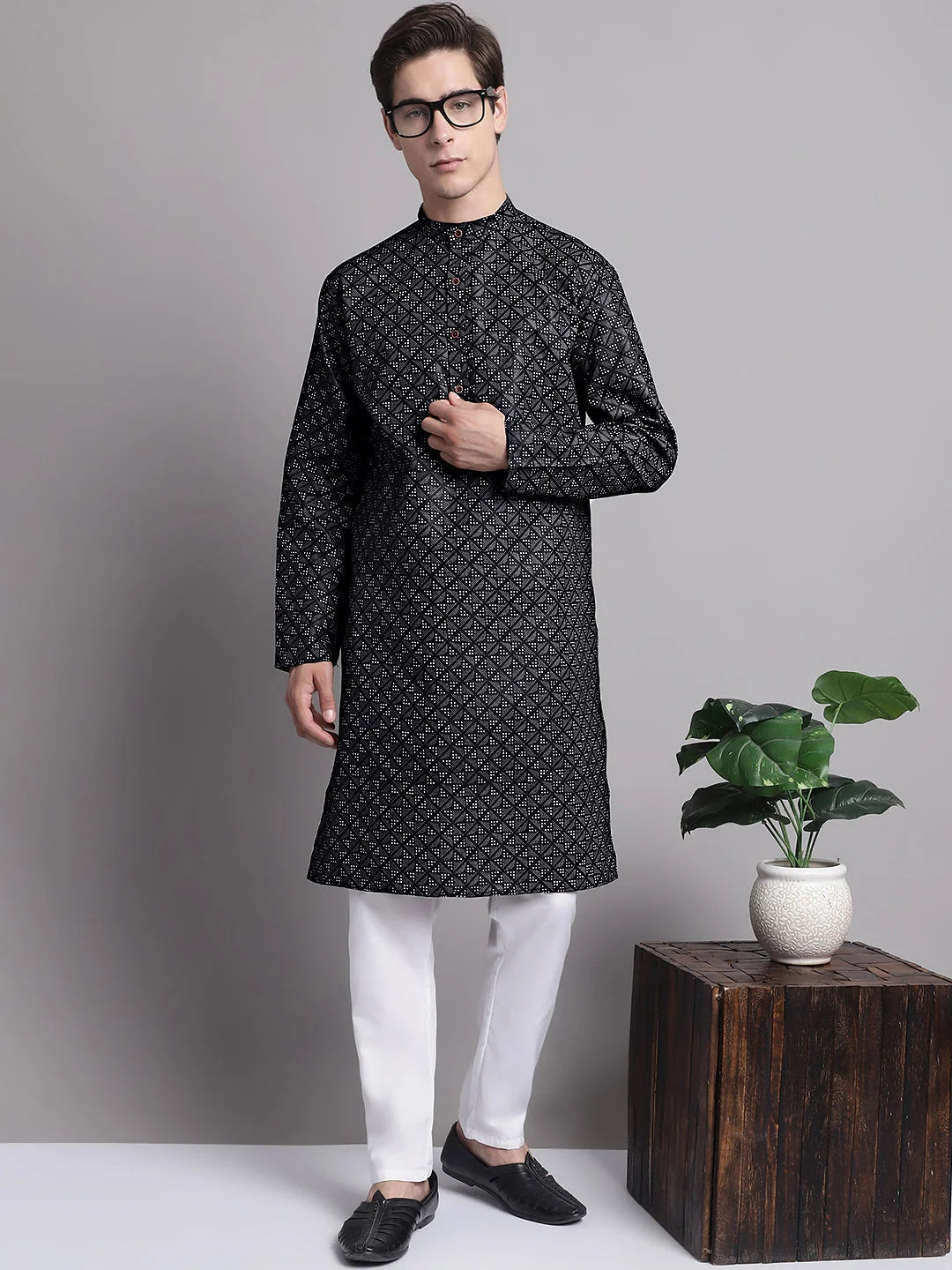 Black Printed Kurta Payjama Set - Mens Kurta Pajama, Pathani