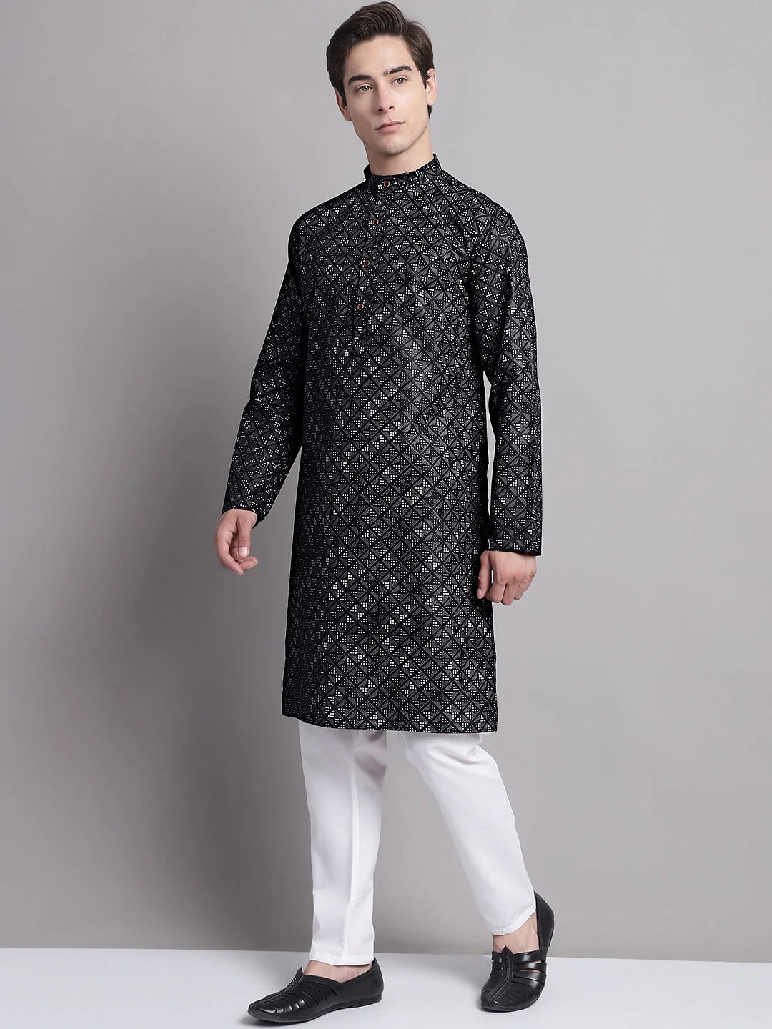 Black Printed Kurta Payjama Set - Mens Kurta Pajama, Pathani