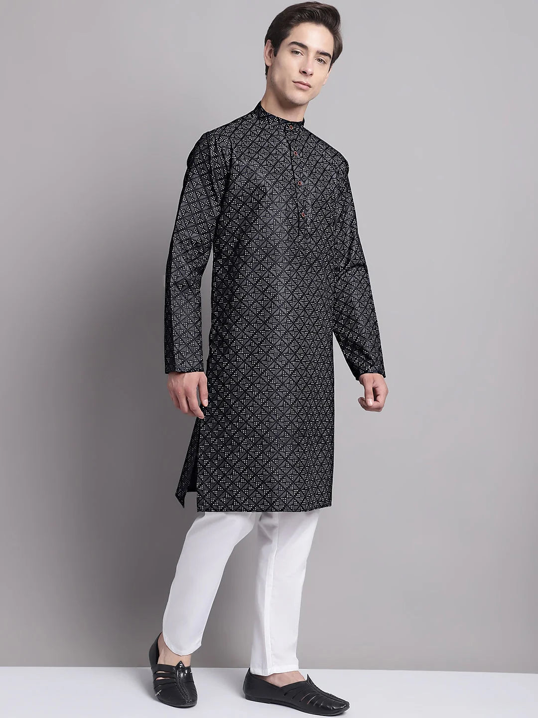 Black Printed Kurta Payjama Set - Mens Kurta Pajama, Pathani