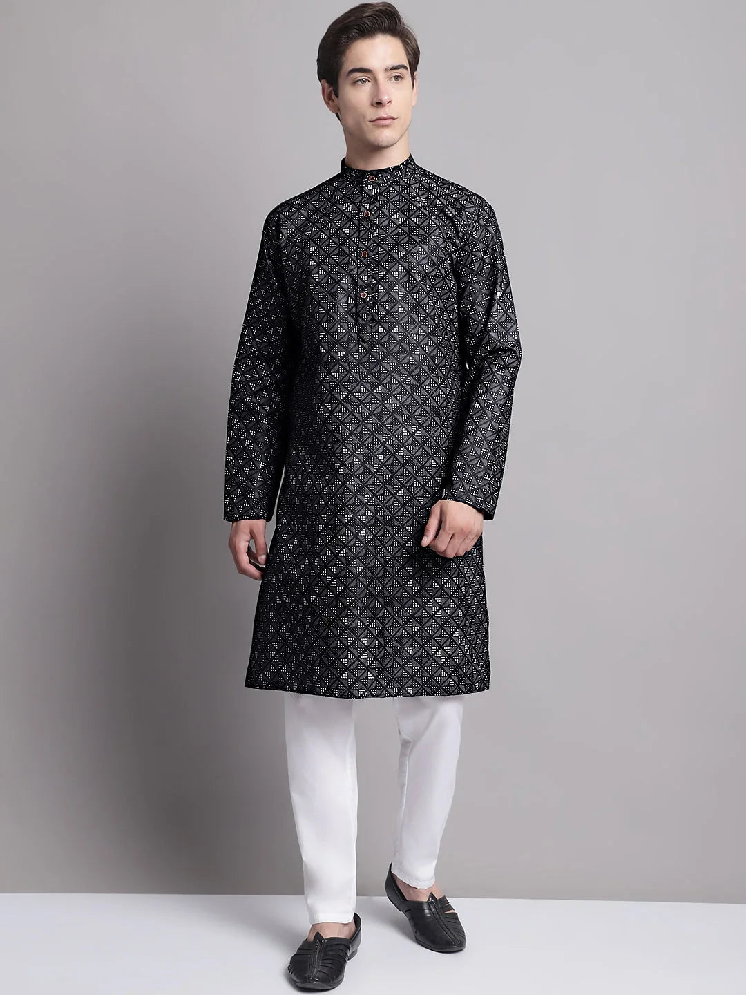 Black Printed Kurta Payjama Set - Mens Kurta Pajama, Pathani