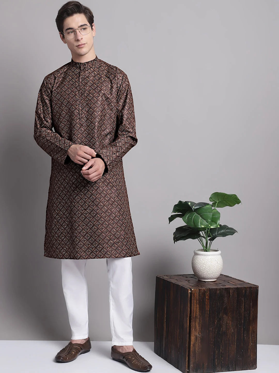 Men's Coffee Brown Printed Pure Cotton Kurta Payjama Set