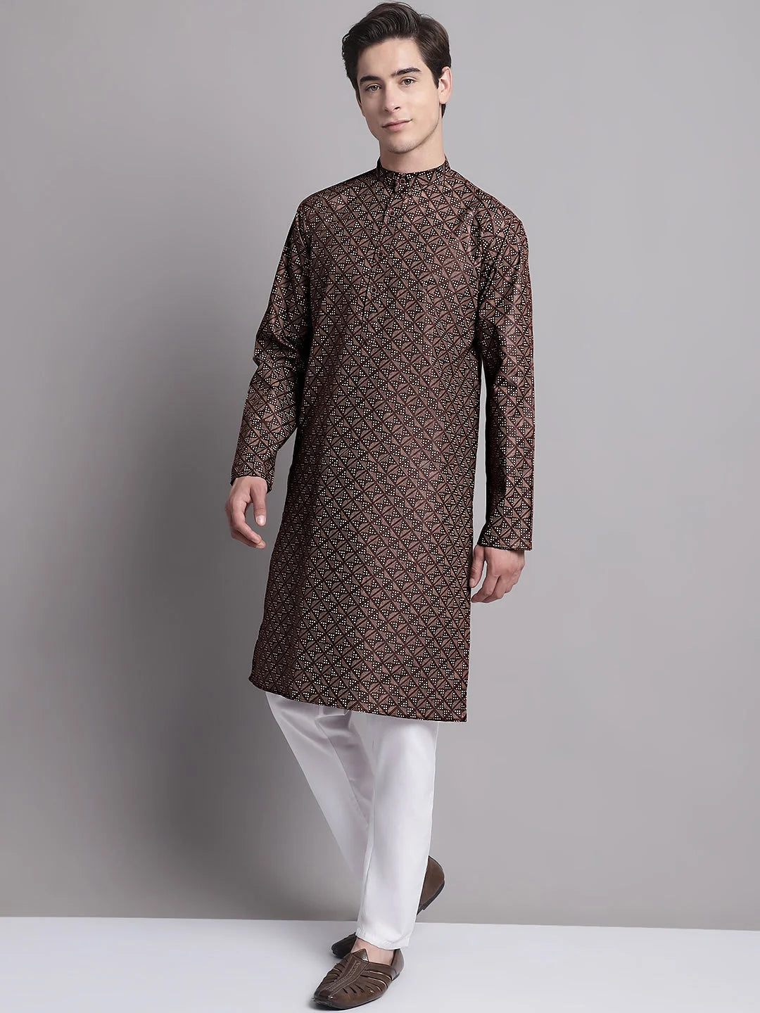 Coffee Brown Kurta Pajama - Printed Cotton Mens Kurta Pajama