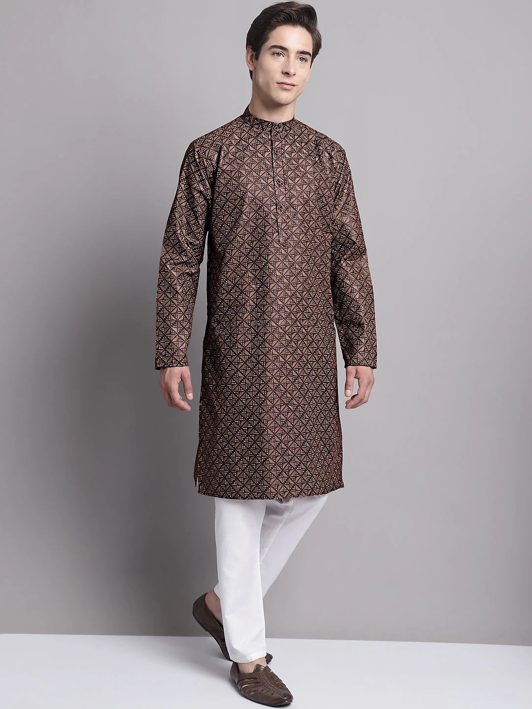Coffee Brown Kurta Pajama - Printed Cotton Mens Kurta Pajama