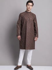 Men's Coffee Brown Printed Pure Cotton Kurta Payjama Set