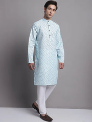 Men's Sky Blue Printed Pure Cotton Kurta Payjama Set