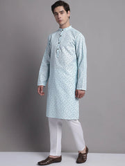 Men's Sky Blue Printed Pure Cotton Kurta Payjama Set