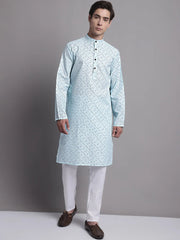 Men's Sky Blue Printed Pure Cotton Kurta Payjama Set