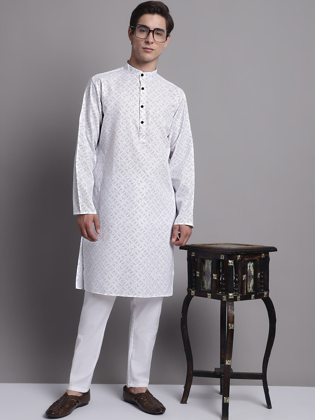 Mens Kurta Pajama Set - White Printed Cotton Kurta Payjama
