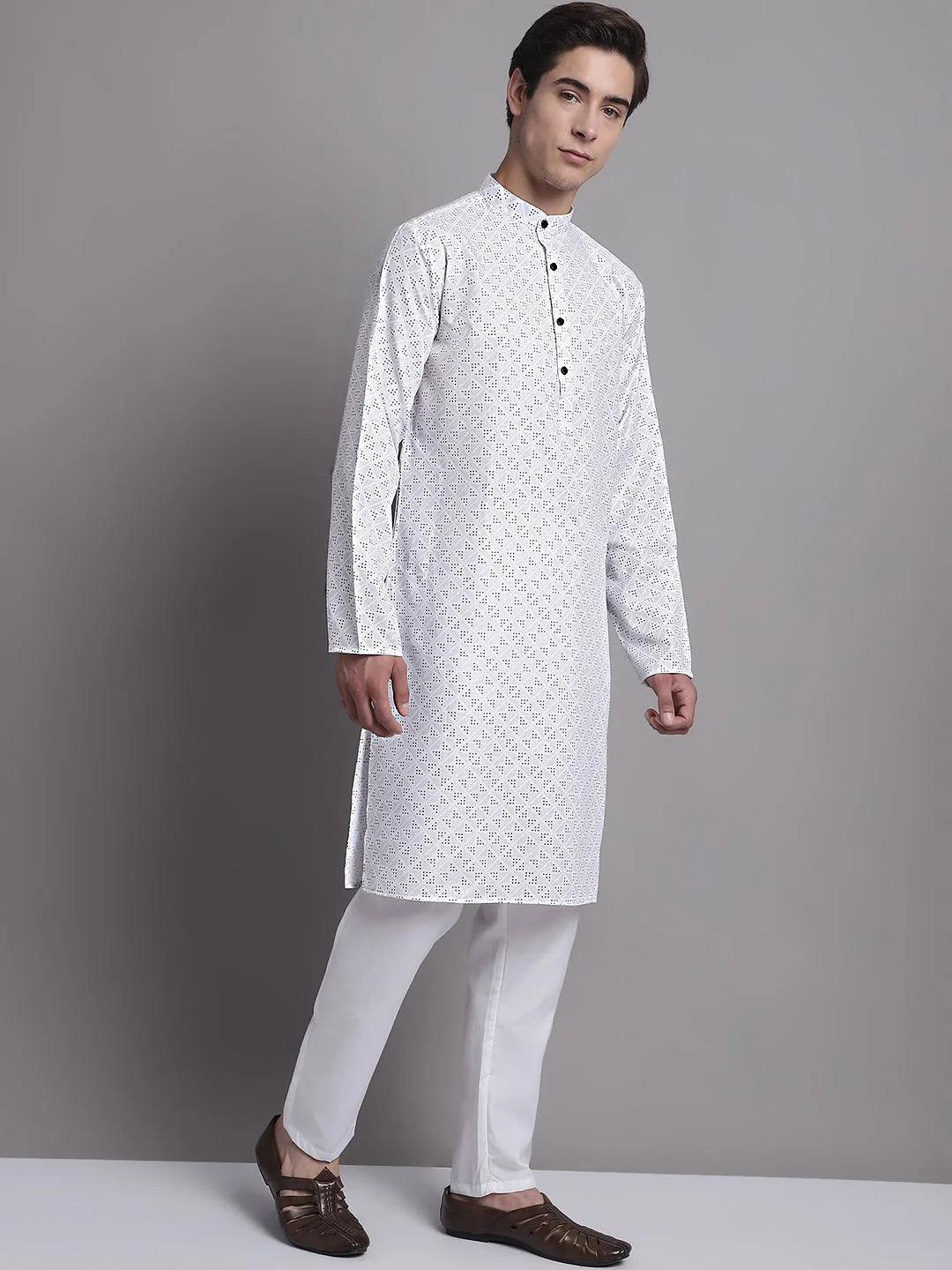 Mens Kurta Pajama Set - White Printed Cotton Kurta Payjama