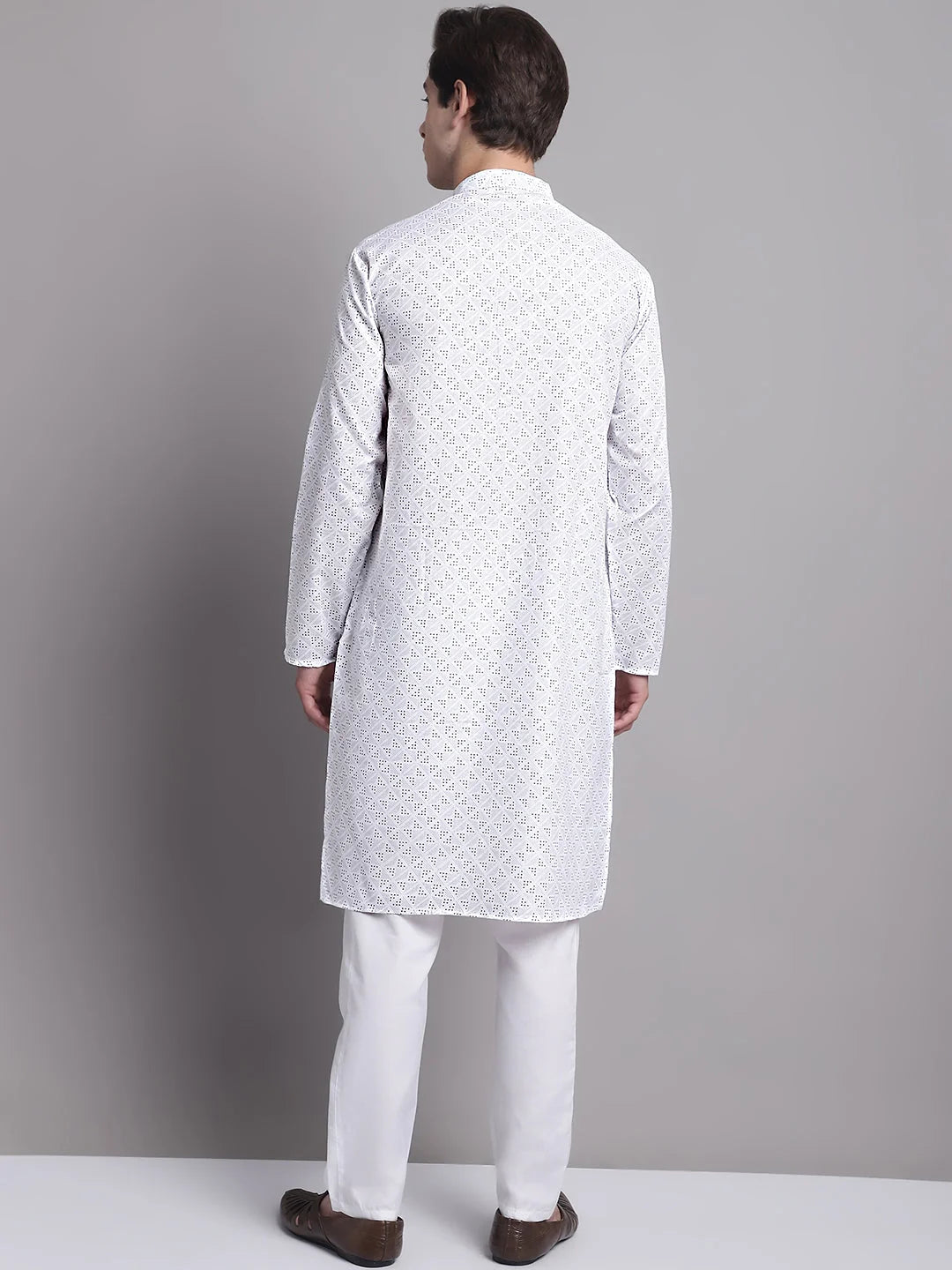 Mens Kurta Pajama Set - White Printed Cotton Kurta Payjama
