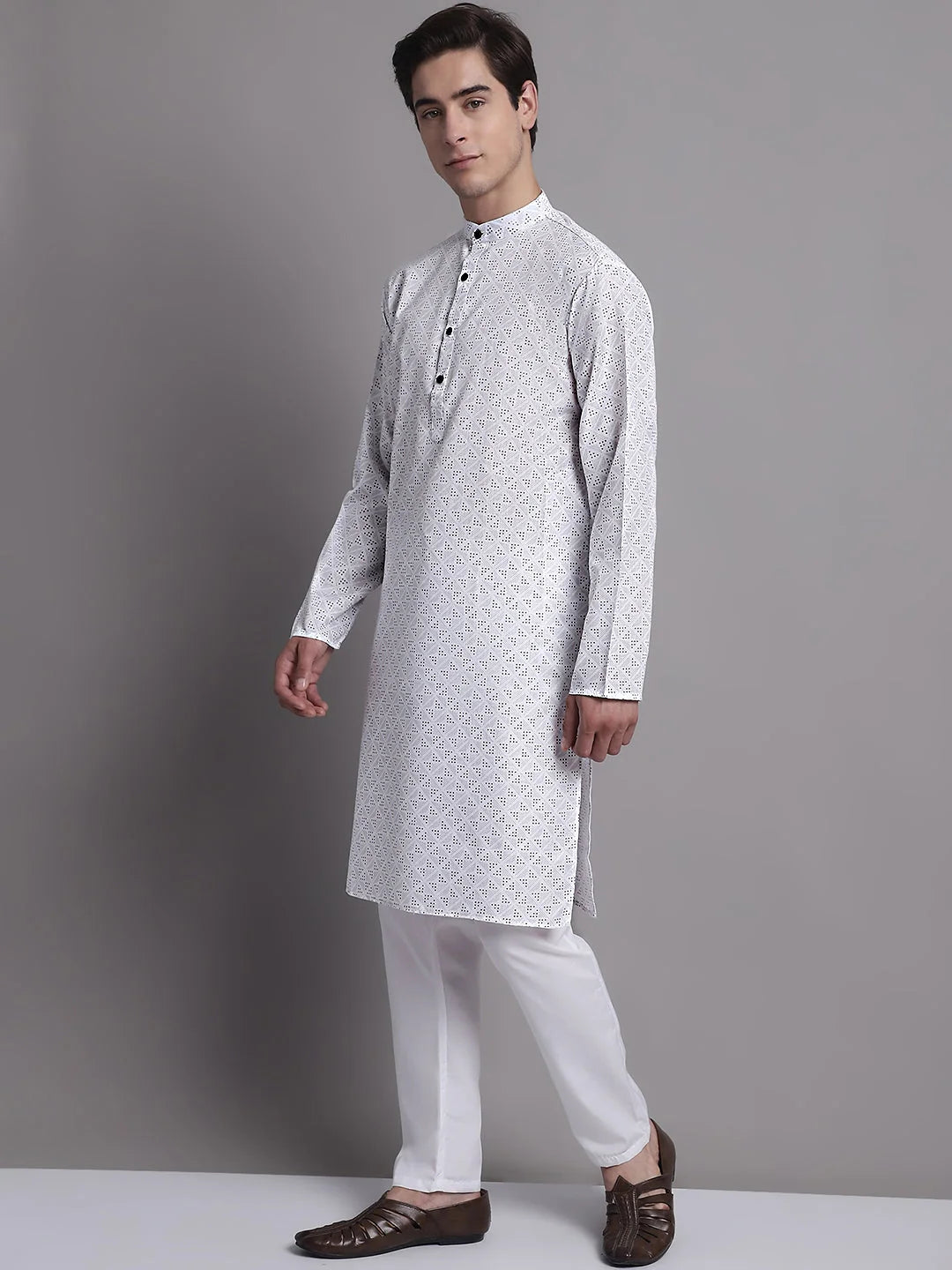 Mens Kurta Pajama Set - White Printed Cotton Kurta Payjama