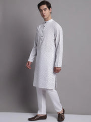 Men's White Printed Pure Cotton Kurta Payjama Set