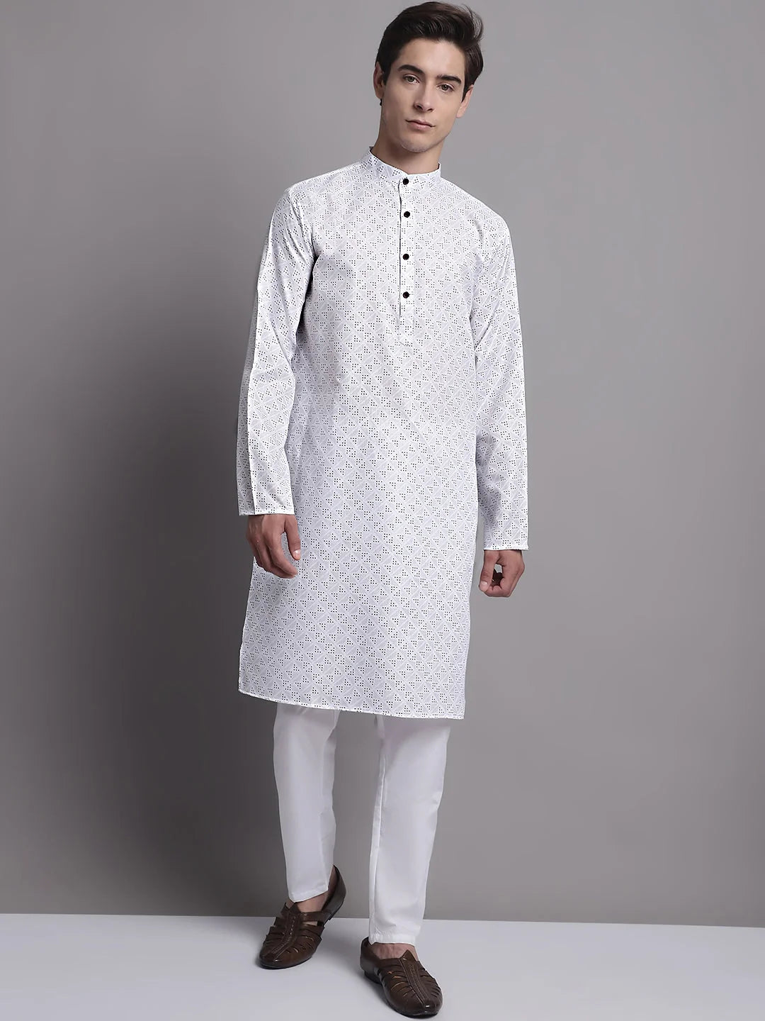 Mens Kurta Pajama Set - White Printed Cotton Kurta Payjama