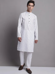 Men's White Printed Pure Cotton Kurta Payjama Set