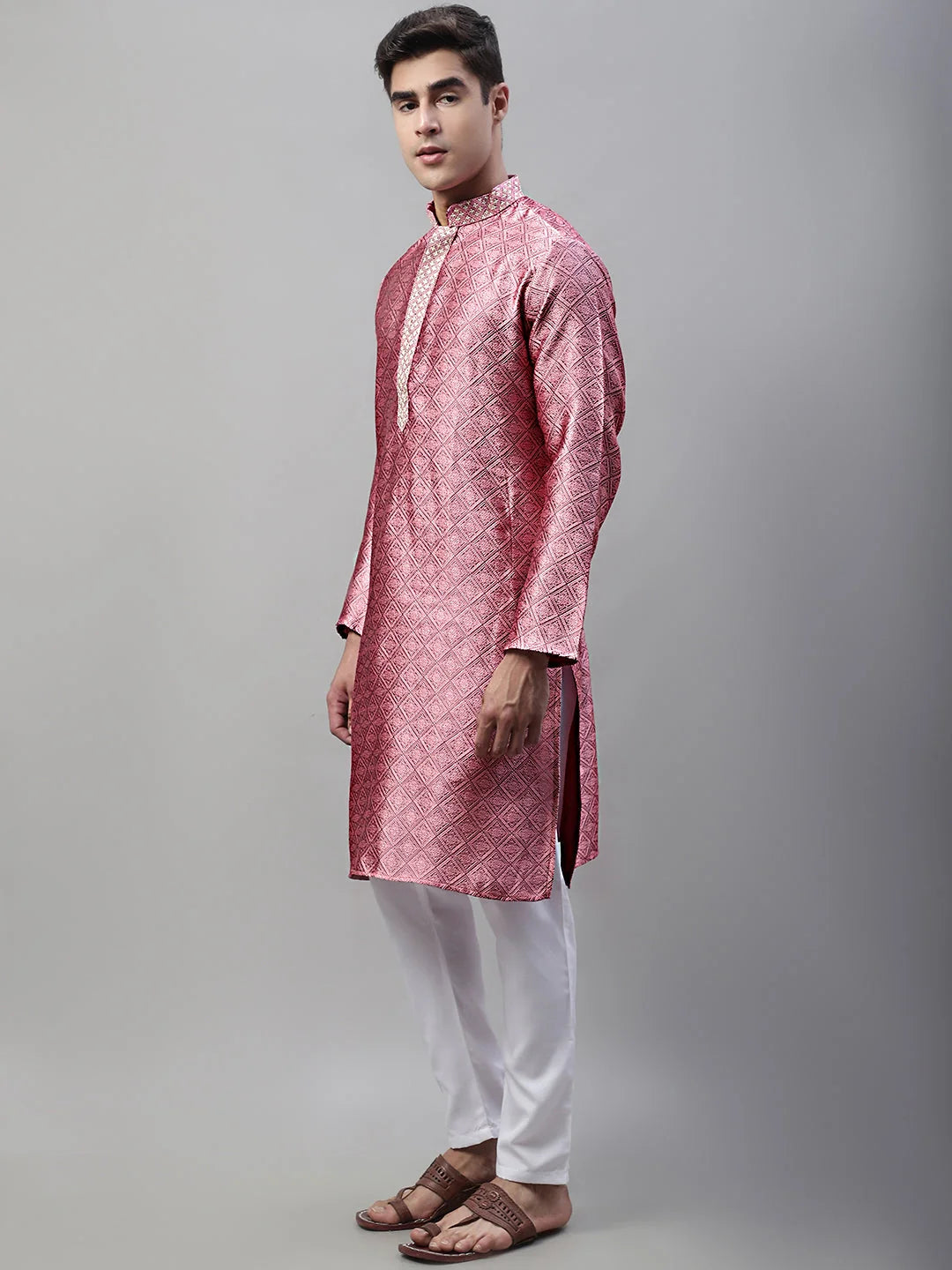 Pink Embroidered Silk Jacquard Mens Kurta Pajama Set | Ethnic ...