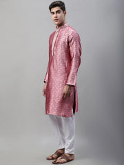Men's Pink Collar Embroidered Silk Jacquard Kurta Pyjama-JOKP-P-692