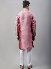Men's Pink Collar Embroidered Silk Jacquard Kurta Pyjama-JOKP-P-692