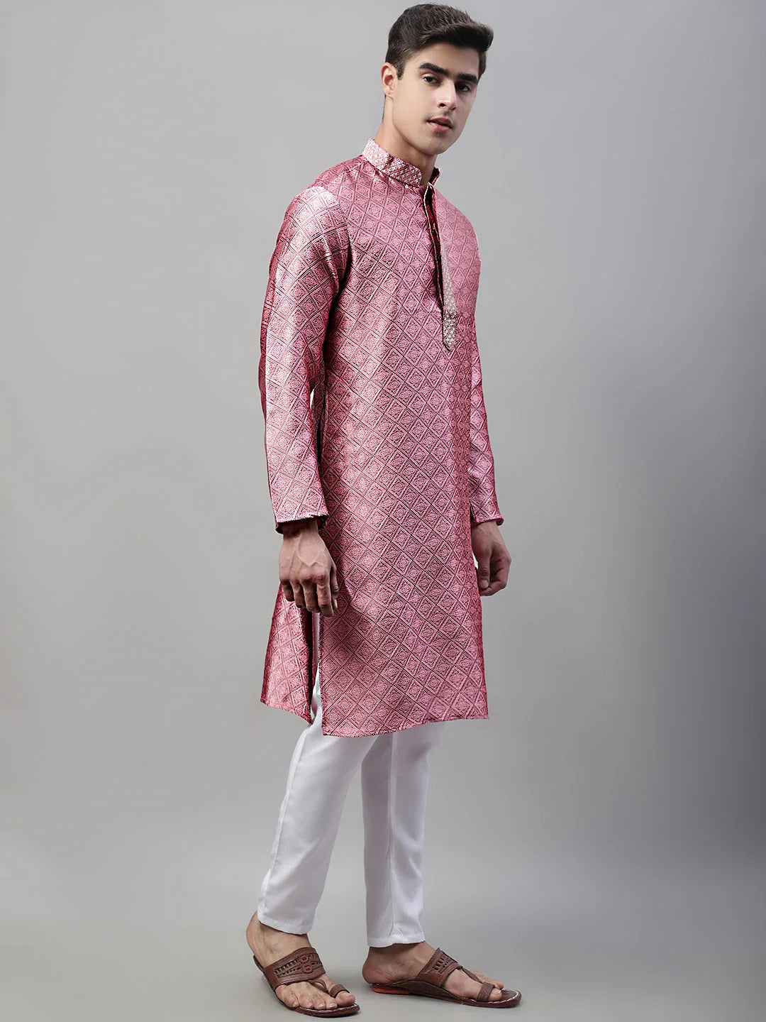 Pink Embroidered Silk Jacquard Mens Kurta Pajama Set | Ethnic ...