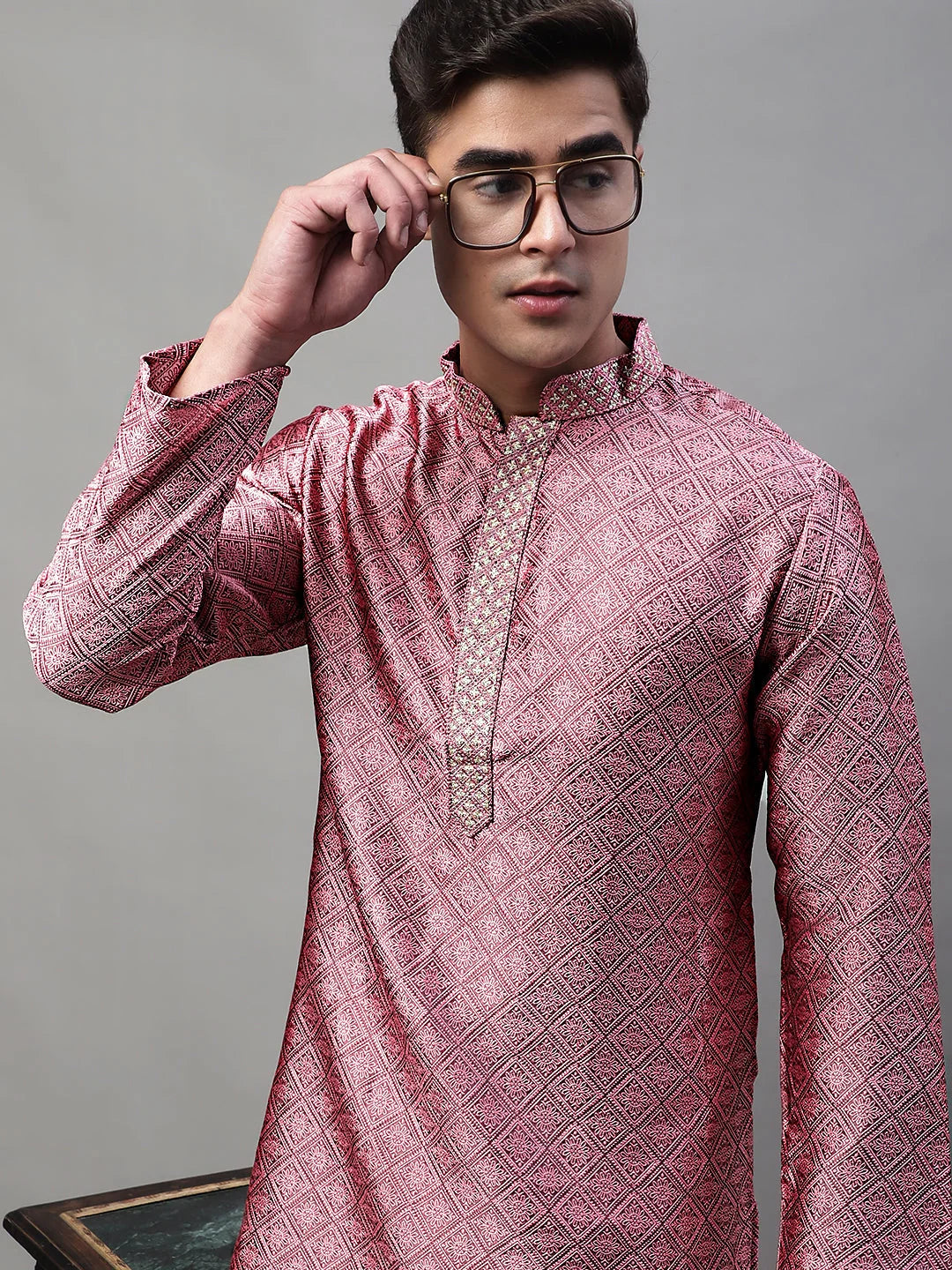 Pink Embroidered Silk Jacquard Mens Kurta Pajama Set | Ethnic ...