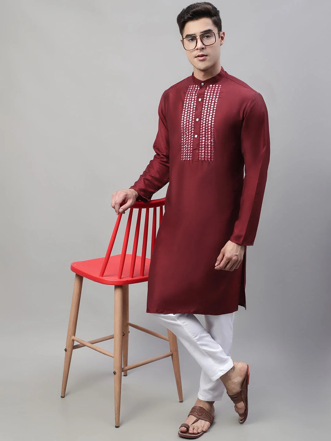 Maroon Cotton Silk Mens Kurta Pajama Set with Mirror Work