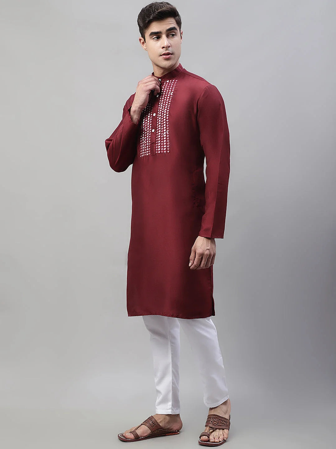 Maroon Cotton Silk Mens Kurta Pajama Set with Mirror Work
