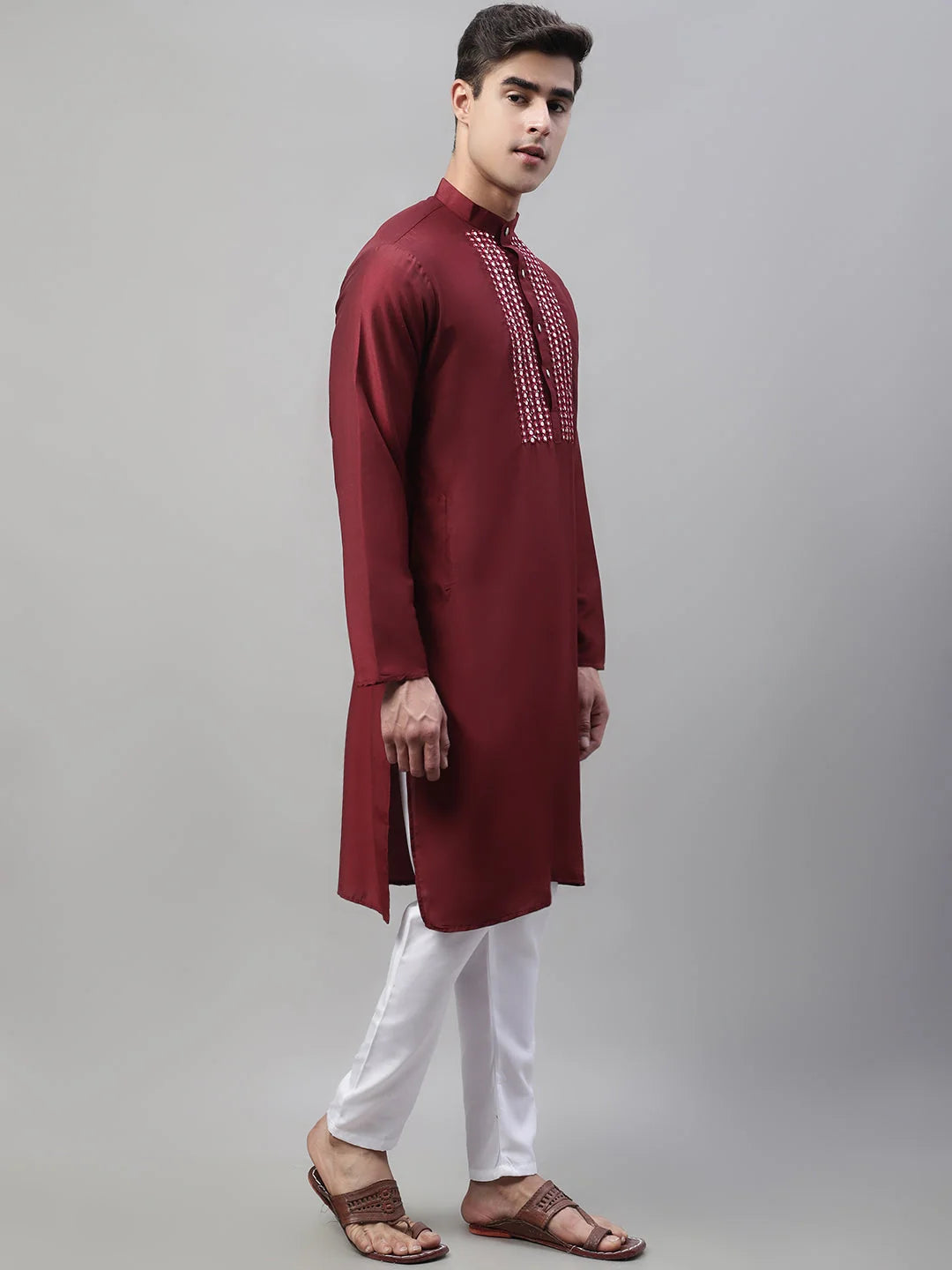 Maroon Cotton Silk Mens Kurta Pajama Set with Mirror Work
