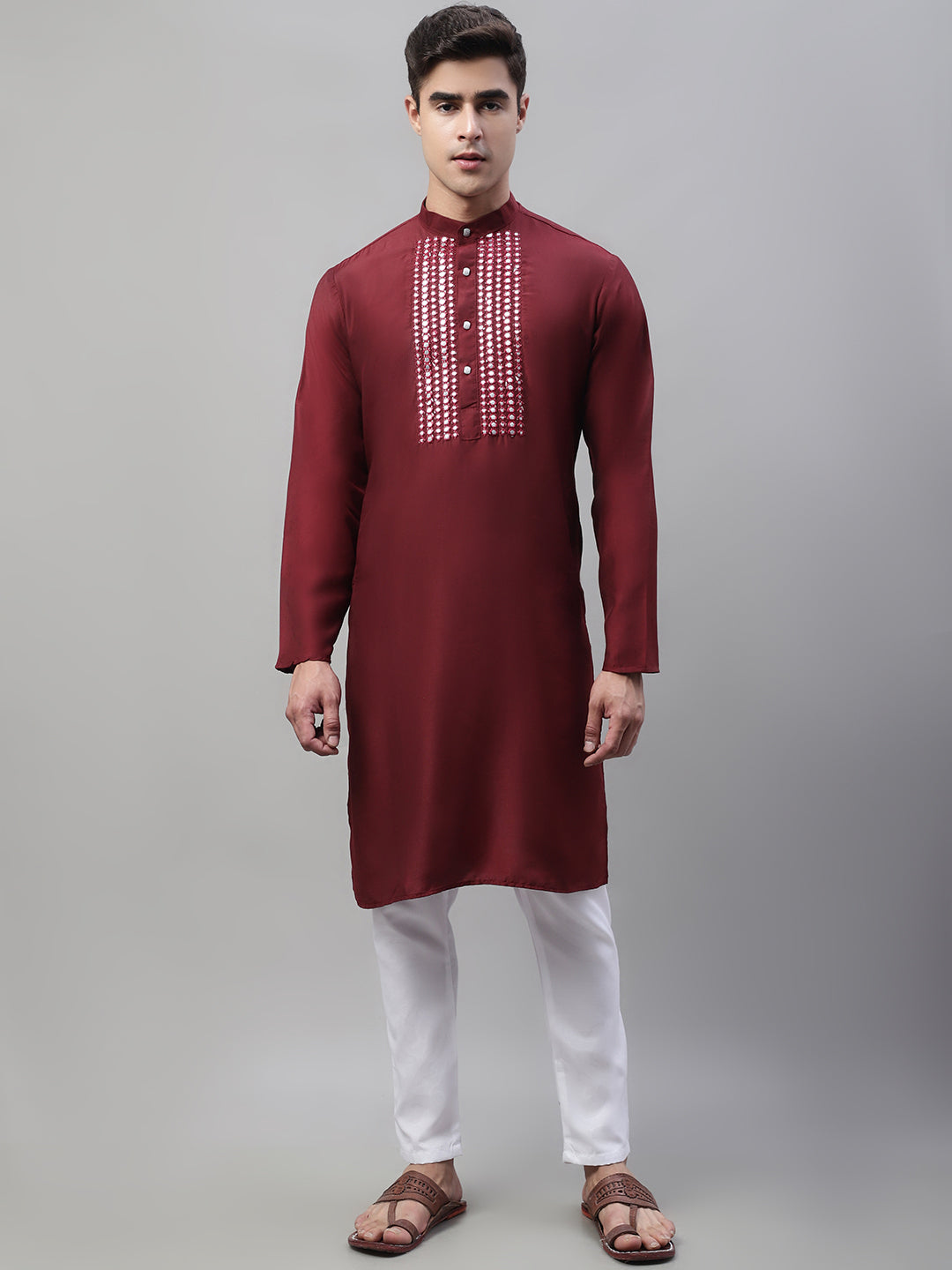Maroon Cotton Silk Mens Kurta Pajama Set with Mirror Work