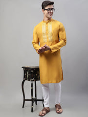 Men's Mustard Cotton Silk Mirror Work Kurta Pyjama-JOKP-P-693