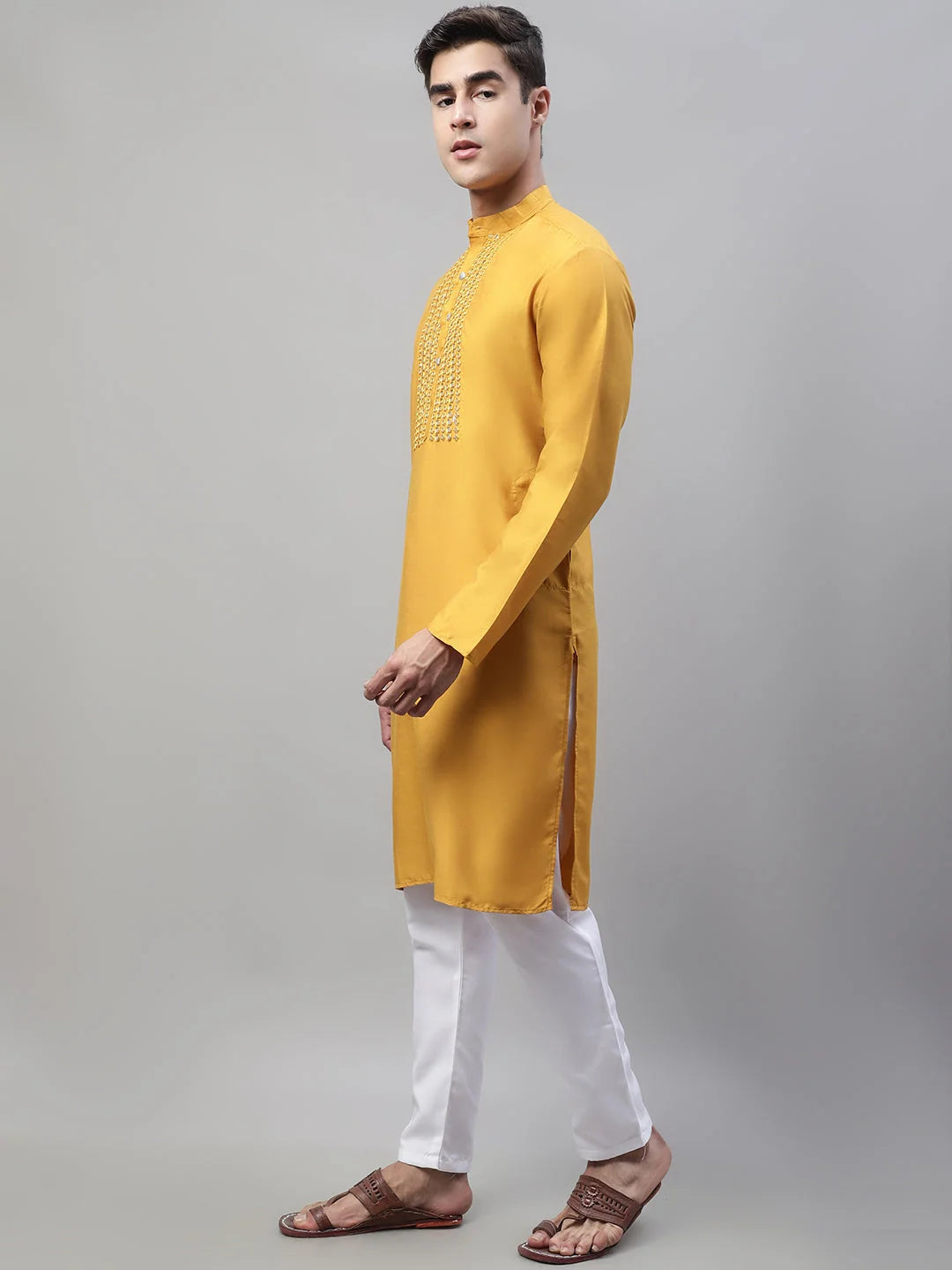 Mustard Mirror Work Mens Kurta Pajama Set | Cotton Silk