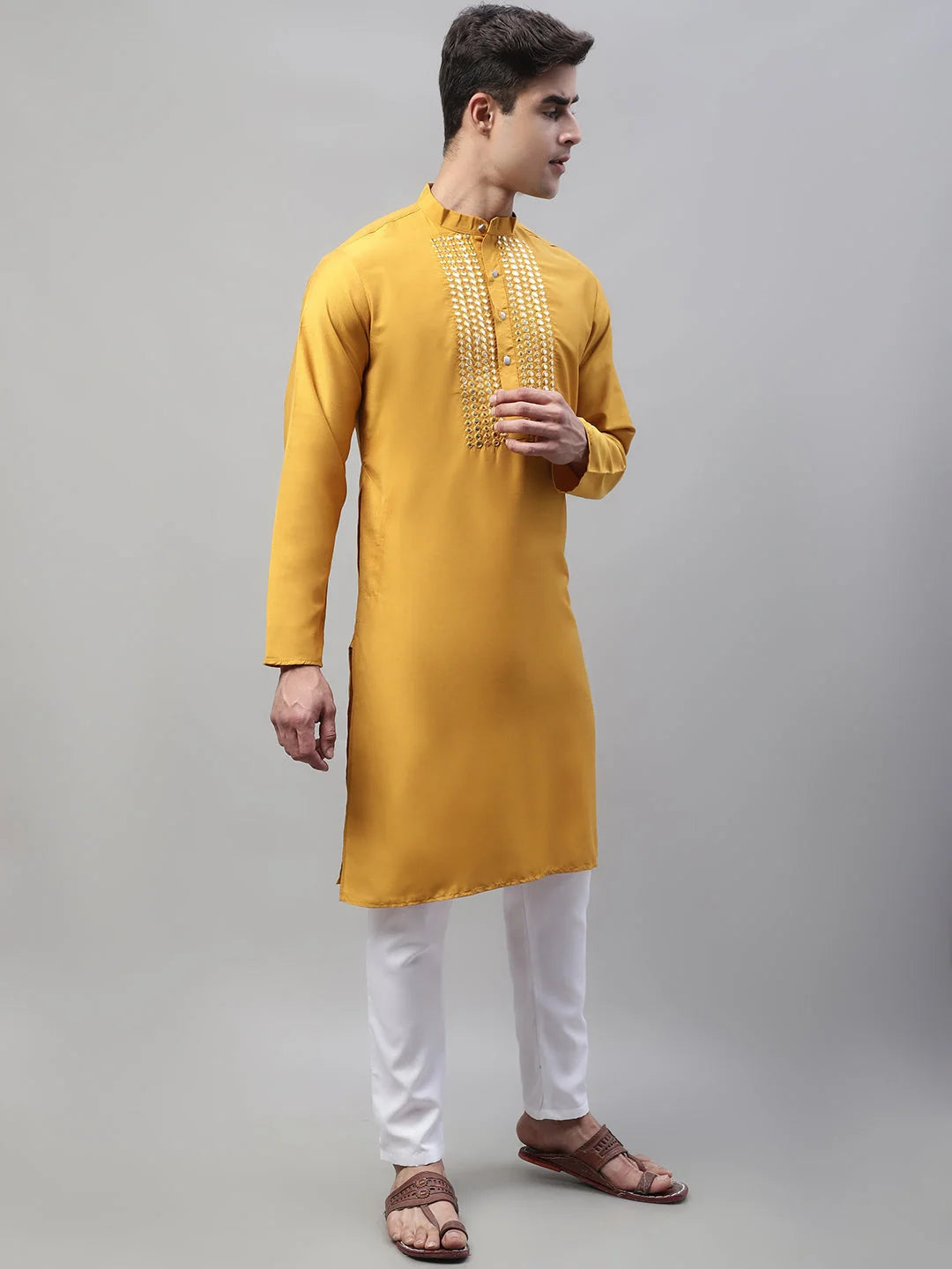 Mustard Mirror Work Mens Kurta Pajama Set | Cotton Silk