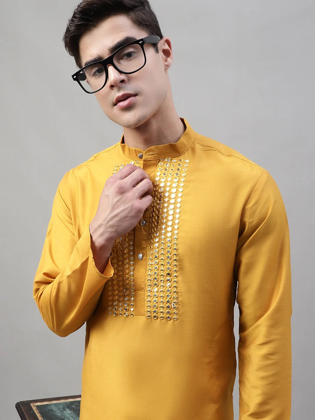Mustard Mirror Work Mens Kurta Pajama Set | Cotton Silk