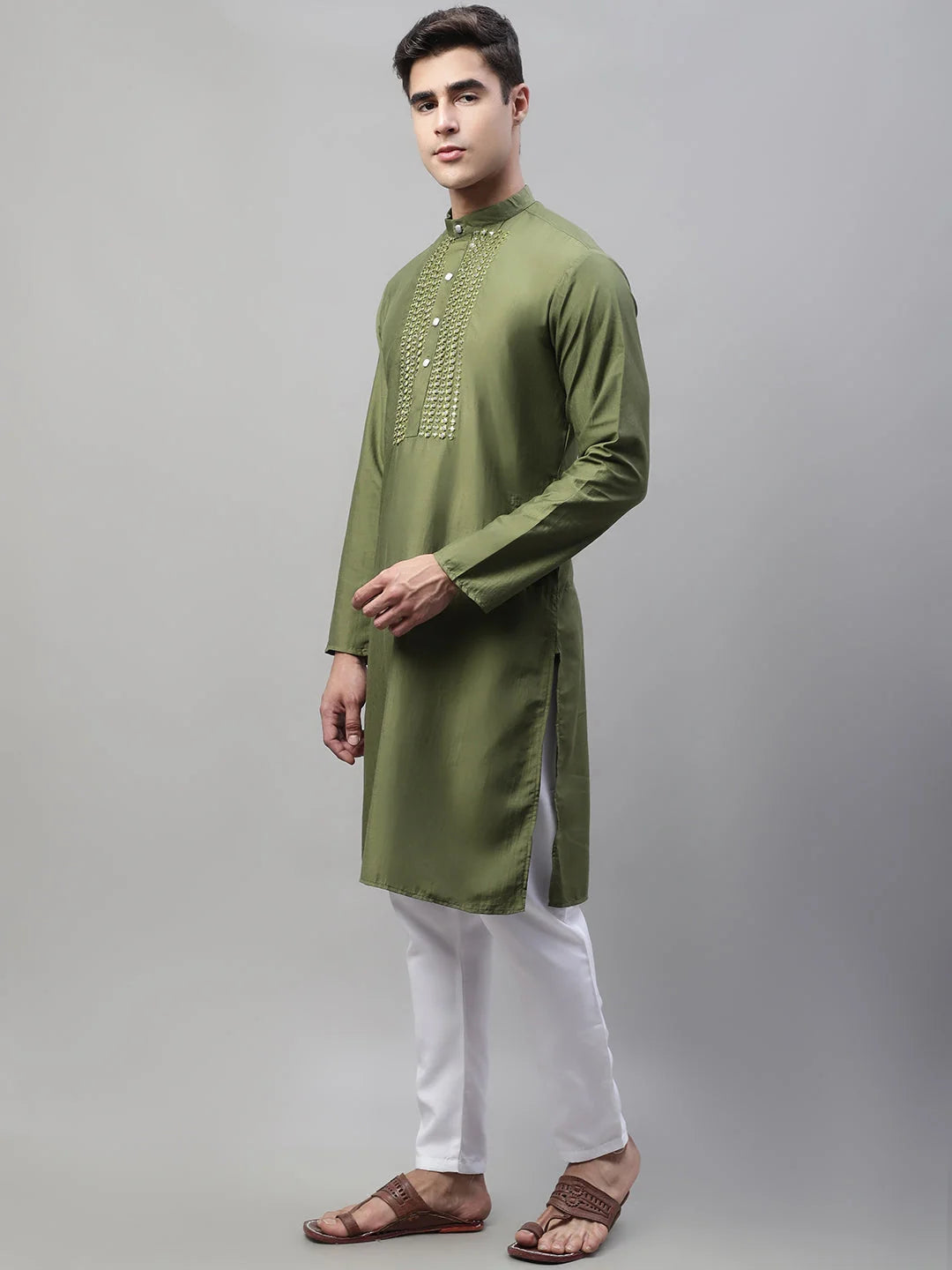 Olive Green Cotton Silk Mirror Work Mens Kurta Pajama Set