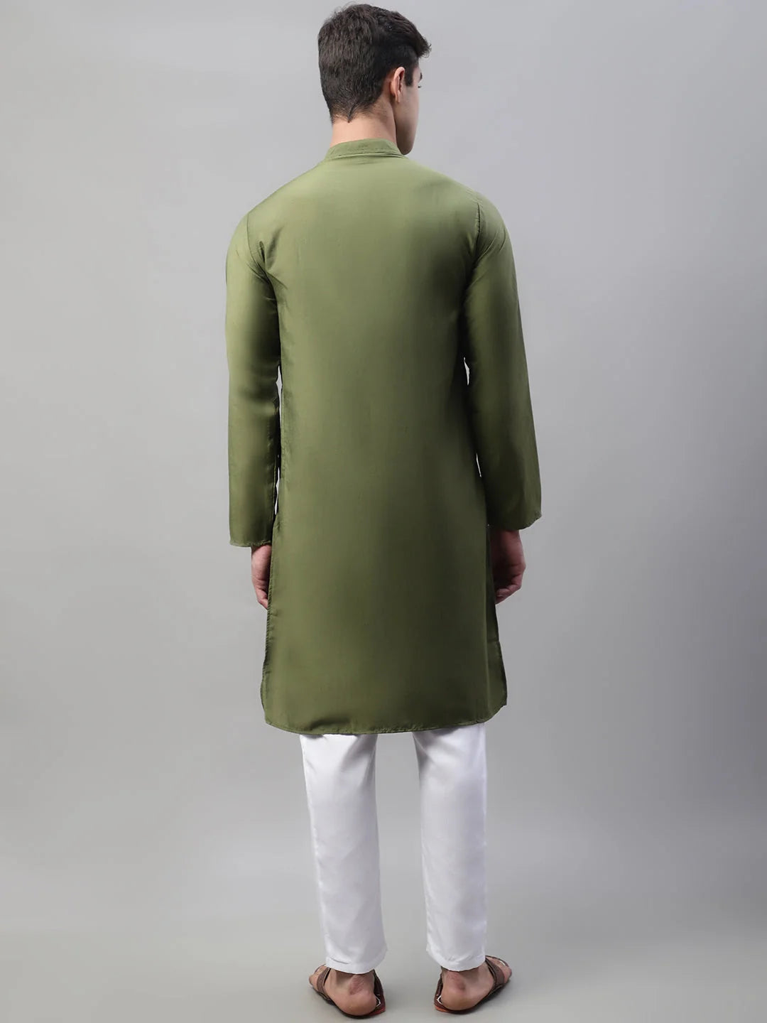 Olive Green Cotton Silk Mirror Work Mens Kurta Pajama Set