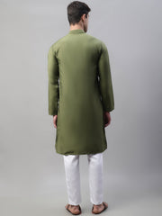 Men's Olive Green Cotton Silk Mirror Work Kurta Pyjama-JOKP-P-693