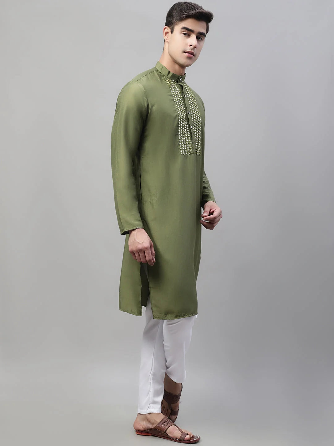 Olive Green Cotton Silk Mirror Work Mens Kurta Pajama Set