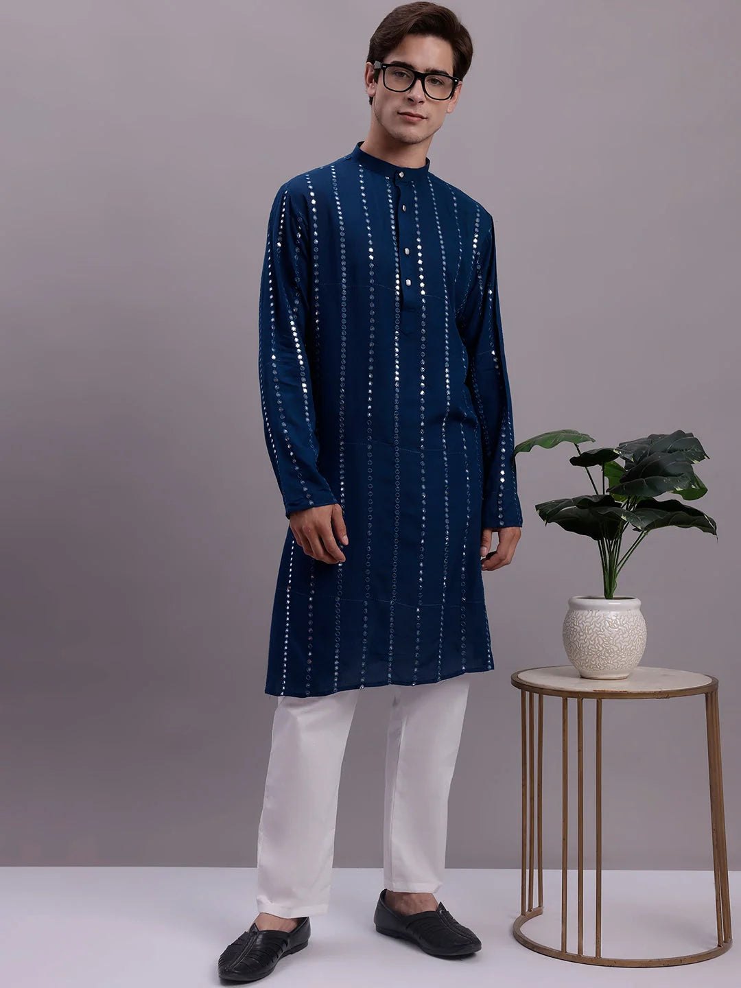 Mens Embroidered Kurta Pajama Set - Mirror Work Rayon Fabric