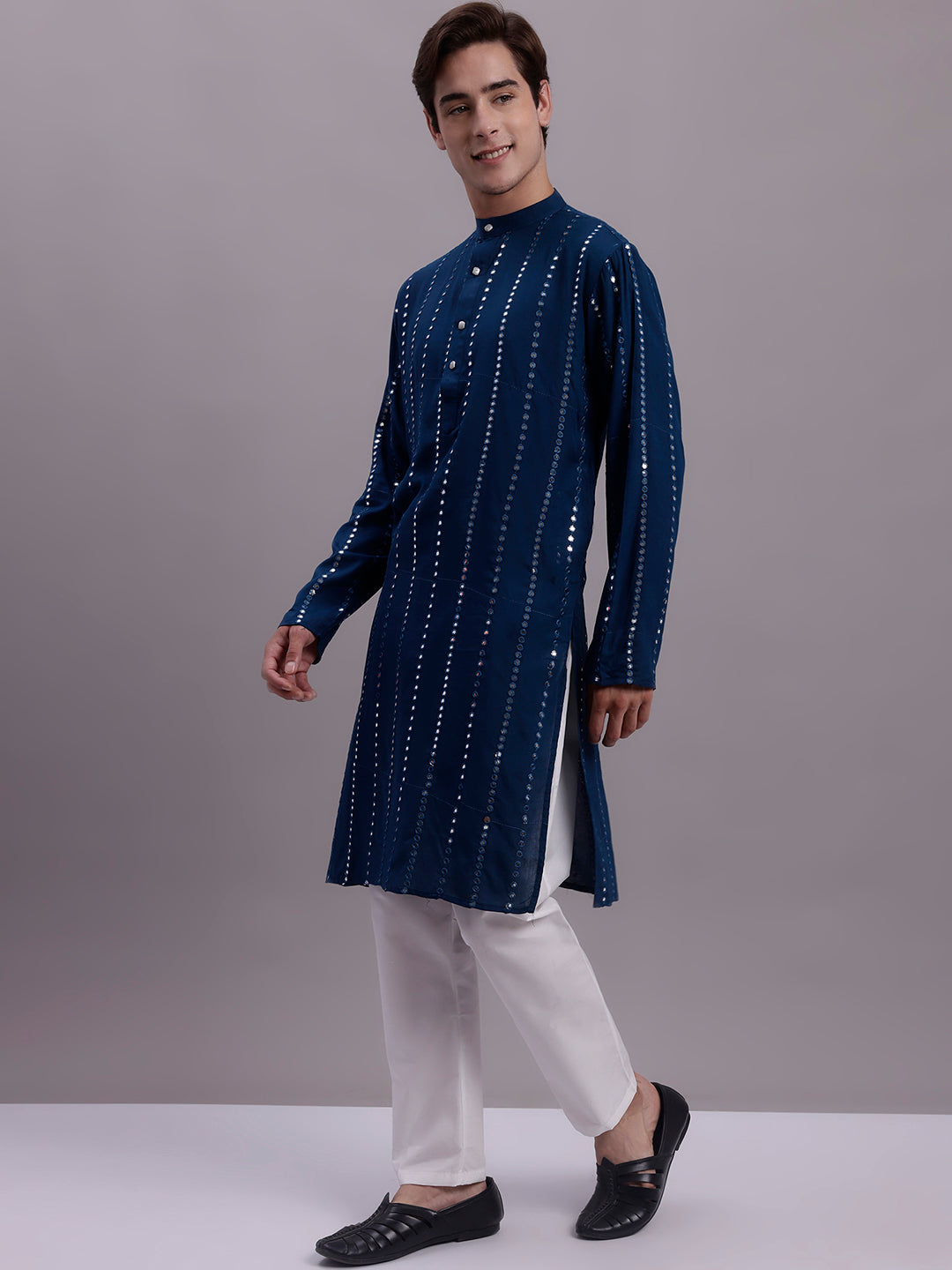 Mens Embroidered Kurta Pajama Set - Mirror Work Rayon Fabric