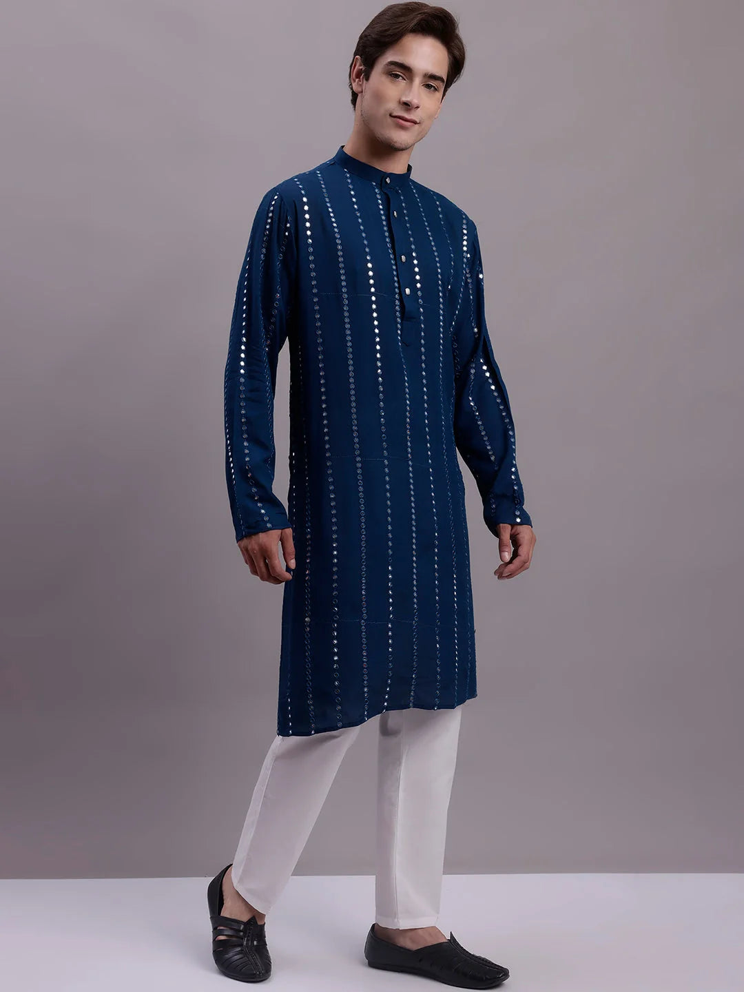 Mens Embroidered Kurta Pajama Set - Mirror Work Rayon Fabric