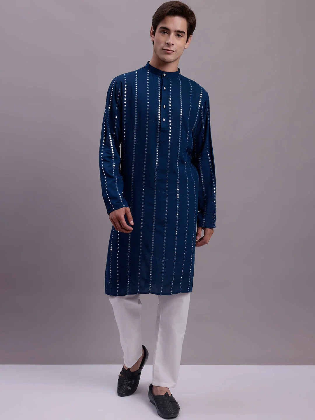 Mens Embroidered Kurta Pajama Set - Mirror Work Rayon Fabric