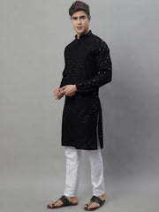 Men's Black Chikankari Embroidered and Sequence Kurta with Pyjama-JOKP-P-695
