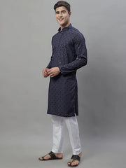 Men's Grey Chikankari Embroidered and Sequence Kurta with Pyjama-JOKP-P-695