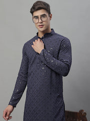 Men's Grey Chikankari Embroidered and Sequence Kurta with Pyjama-JOKP-P-695